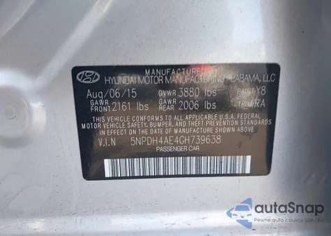 2016 Hyundai Elantra Se from USA, damaged, VIN 5NPDH4AE4GH739638